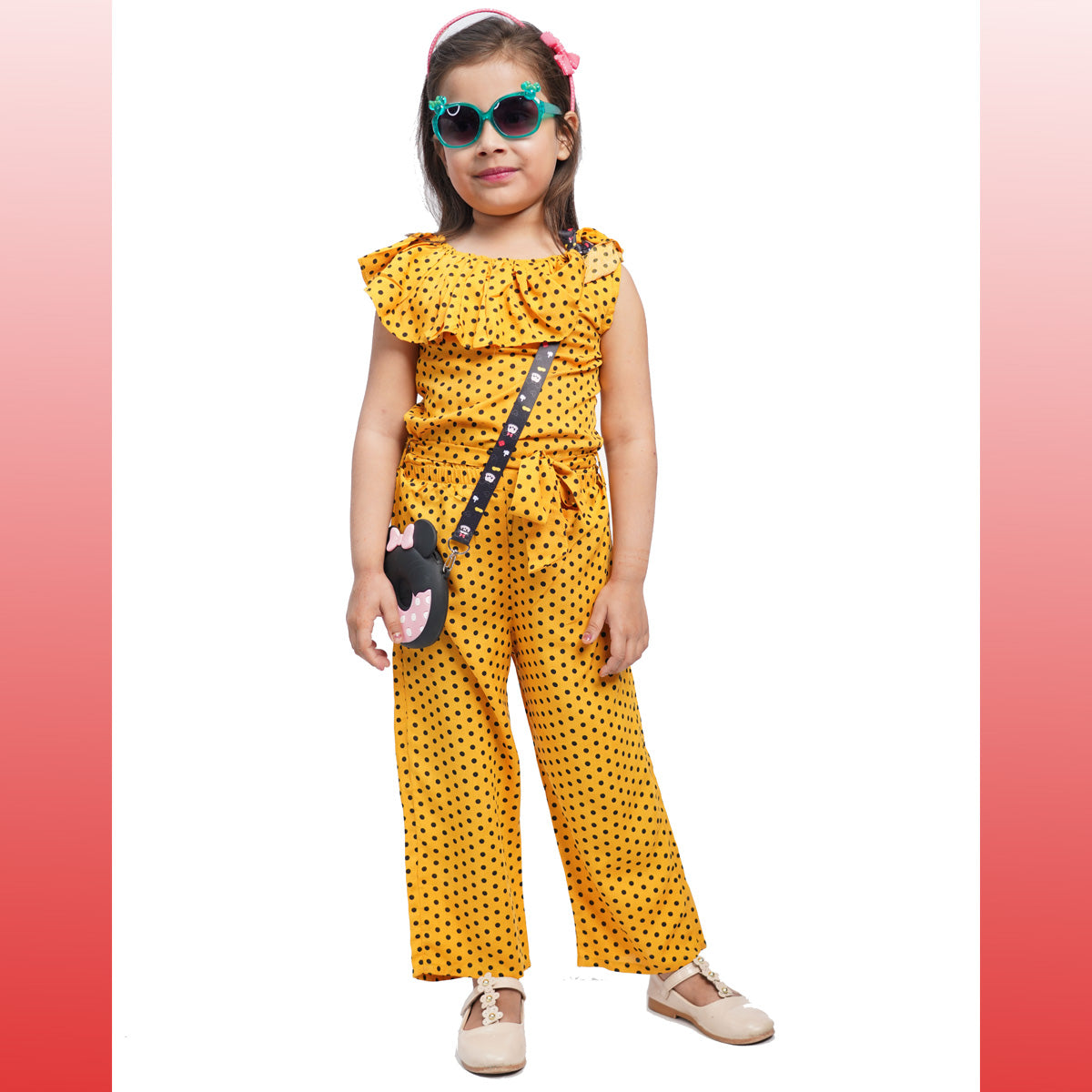 Yellow Dots Printed Girls Jumpsuit