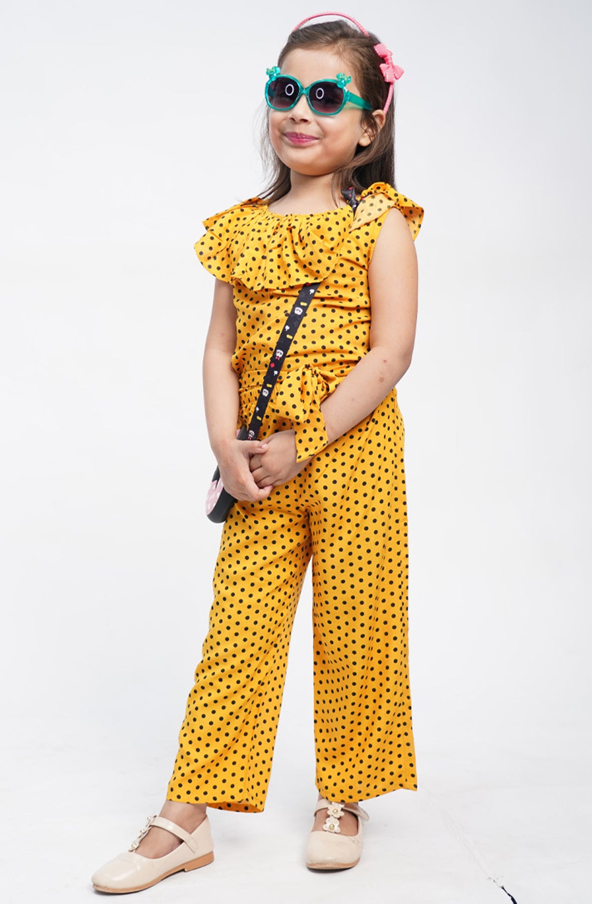 Yellow Dots Printed Girls Jumpsuit
