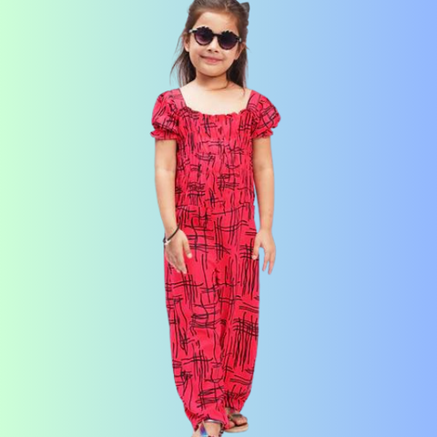Berry Printed Girls Jumpsuit (Red)
