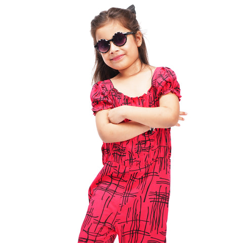 Berry Printed Girls Jumpsuit (Red)