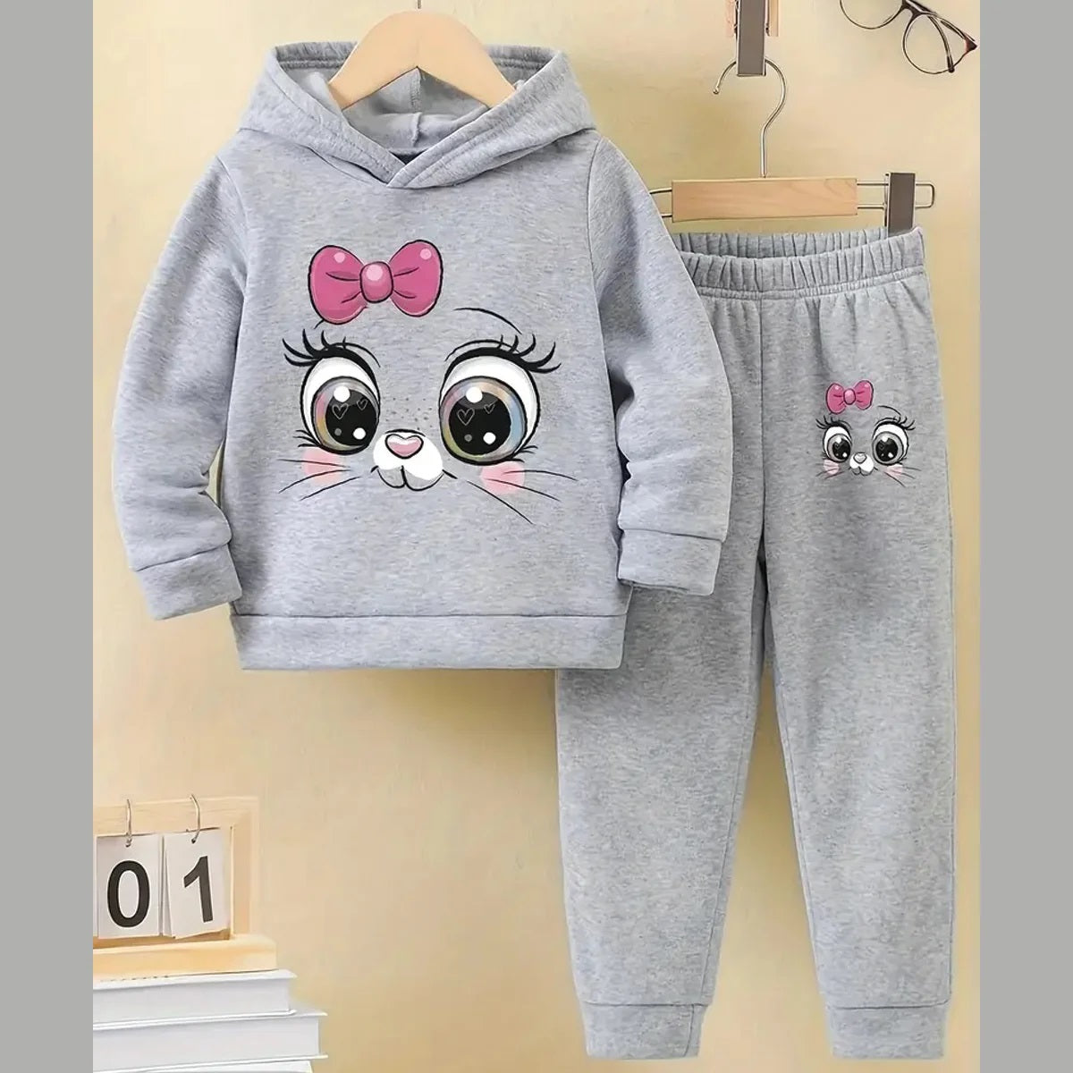 Girls' Cartoon Print Fleece Hoodie and Pants Set