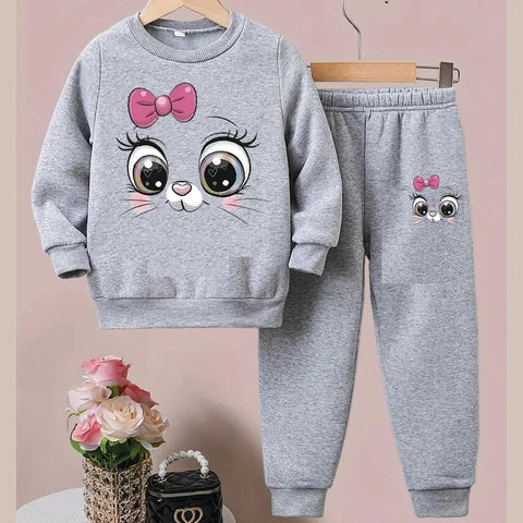 Girls' Cartoon Print Fleece Sweatshirt and Pants Set